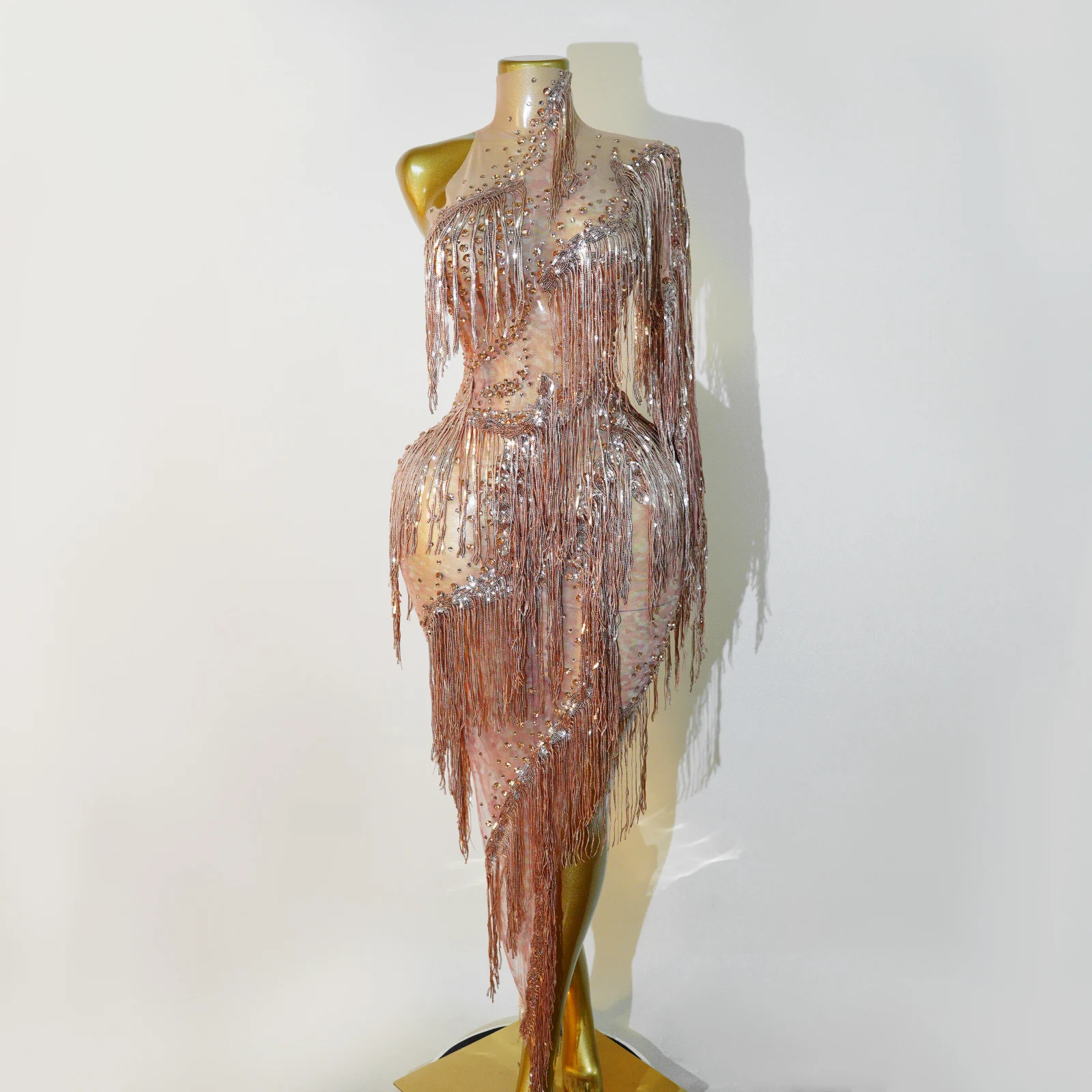 Rose Gold Sheer Mesh One Shoulder Fringe Rhinestone Bodycon Maxi Dress Drag Queens Costume Stage Costumes Show Outfits
Rose Gold Sheer Mesh One Shoulder Fringe Rhinestone Bodycon Maxi Dress Drag Queens Costume Stage Costumes Show Outfits