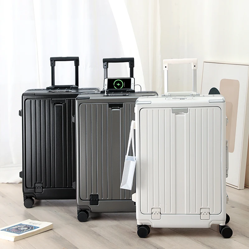 Front opening aluminum frame suitcase multi-function luggage cup holder TSA customs password lock universal wheel travel case
Front opening aluminum frame suitcase multi-function luggage cup holder TSA customs password lock universal wheel travel case