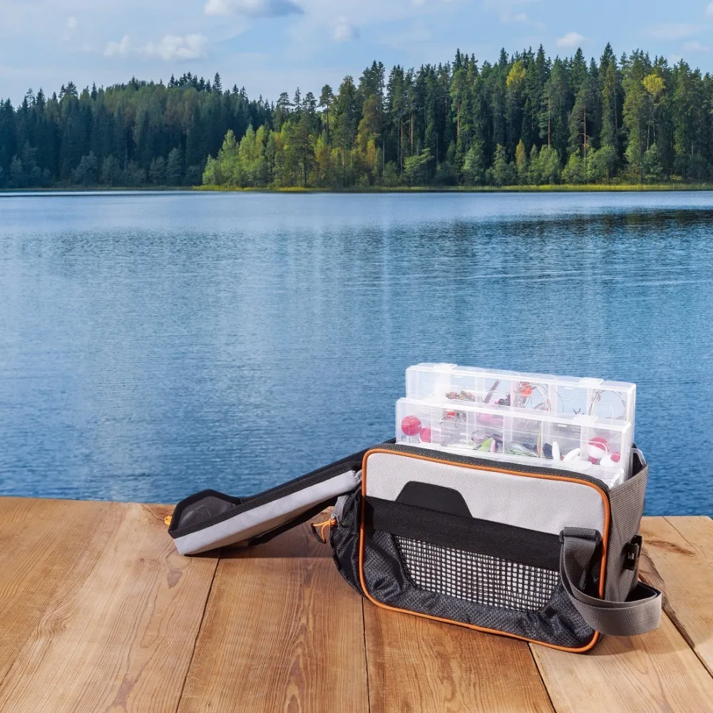 Fishing tackle bag with 4 trays, grey, waterproof
Fishing tackle bag with 4 trays, grey, waterproof