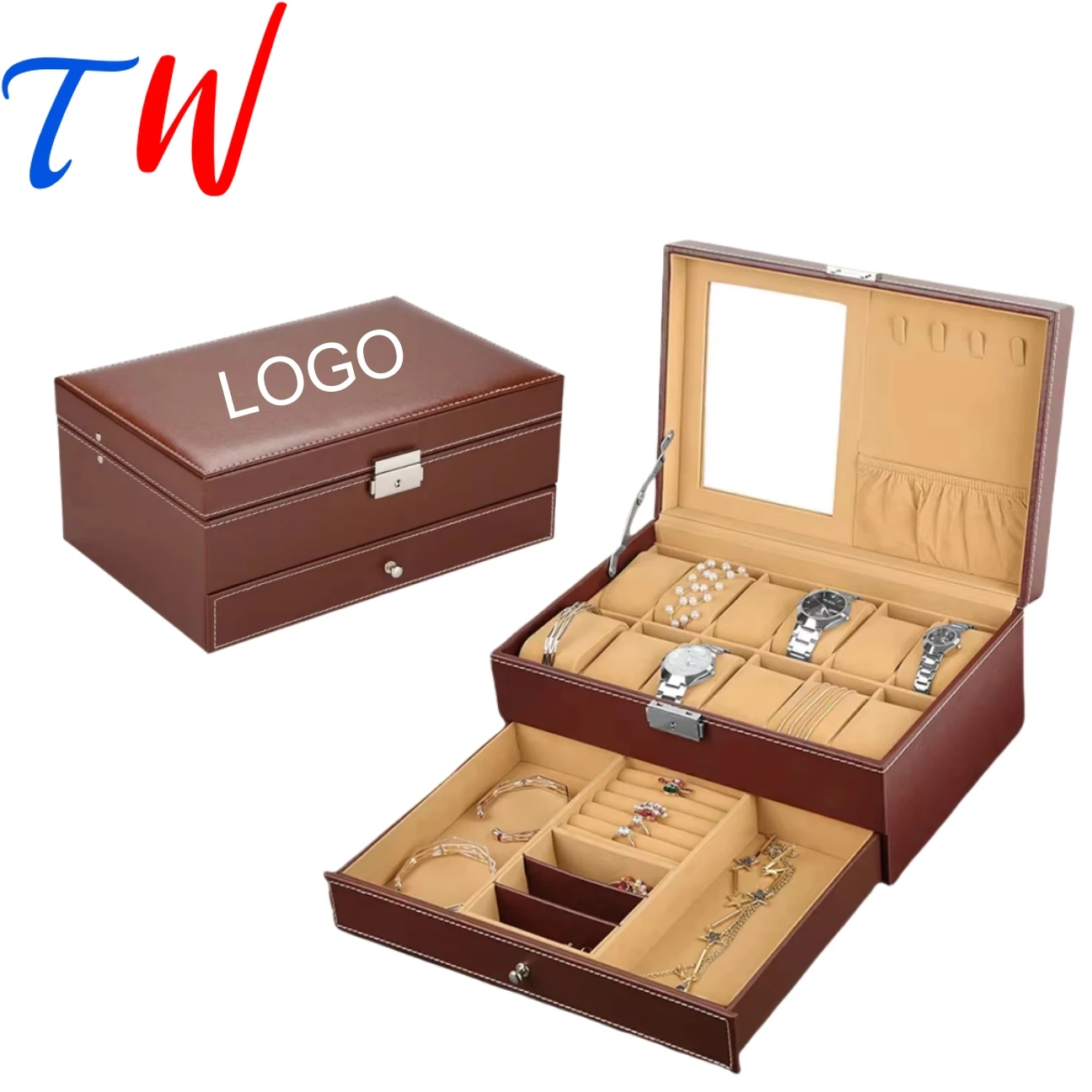 Luxury Brown Double-Layer Jewelry & Watch Storage Box Velvet-Lined Watch Wind Organizer Custom Logo Display Case for Watch OEM
Luxury Brown Double-Layer Jewelry & Watch Storage Box Velvet-Lined Watch Wind Organizer Custom Logo Display Case for Watch OEM