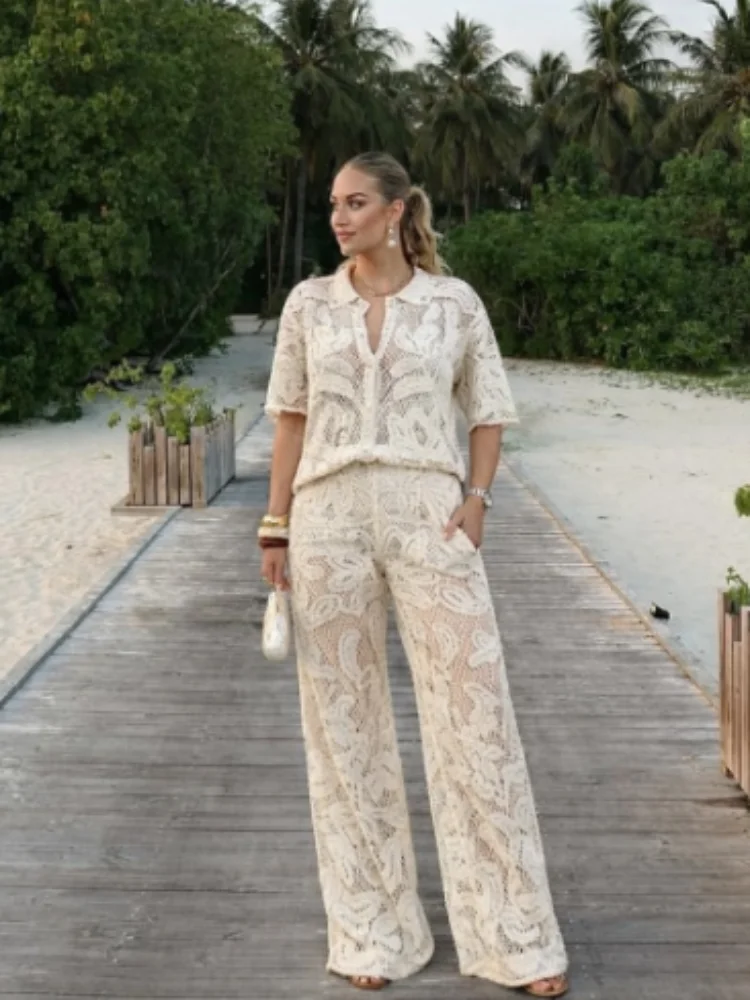 Casual Hollow Out Knitted Pant Sets Lapel Short Sleeve Loose T Shirts Elastic Waist Wide Leg Trouser 2026 Summer Vacation Outfit
Casual Hollow Out Knitted Pant Sets Lapel Short Sleeve Loose T Shirts Elastic Waist Wide Leg Trouser 2026 Summer Vacation Outfit