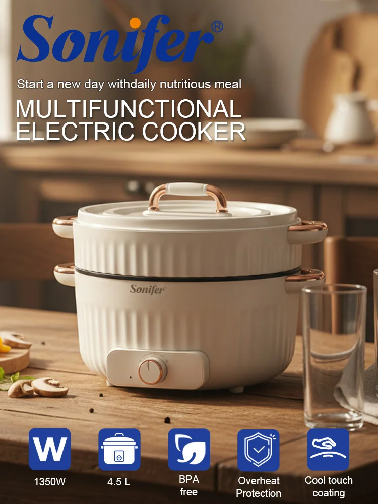 Sonifer Multi-Purpose Pot SF-1509 4.5L Large Capacity Electric Cooker 1350W 2-Speed Knob Control Tempered Glass Lid Auto-Off
Sonifer Multi-Purpose Pot SF-1509 4.5L Large Capacity Electric Cooker 1350W 2-Speed Knob Control Tempered Glass Lid Auto-Off