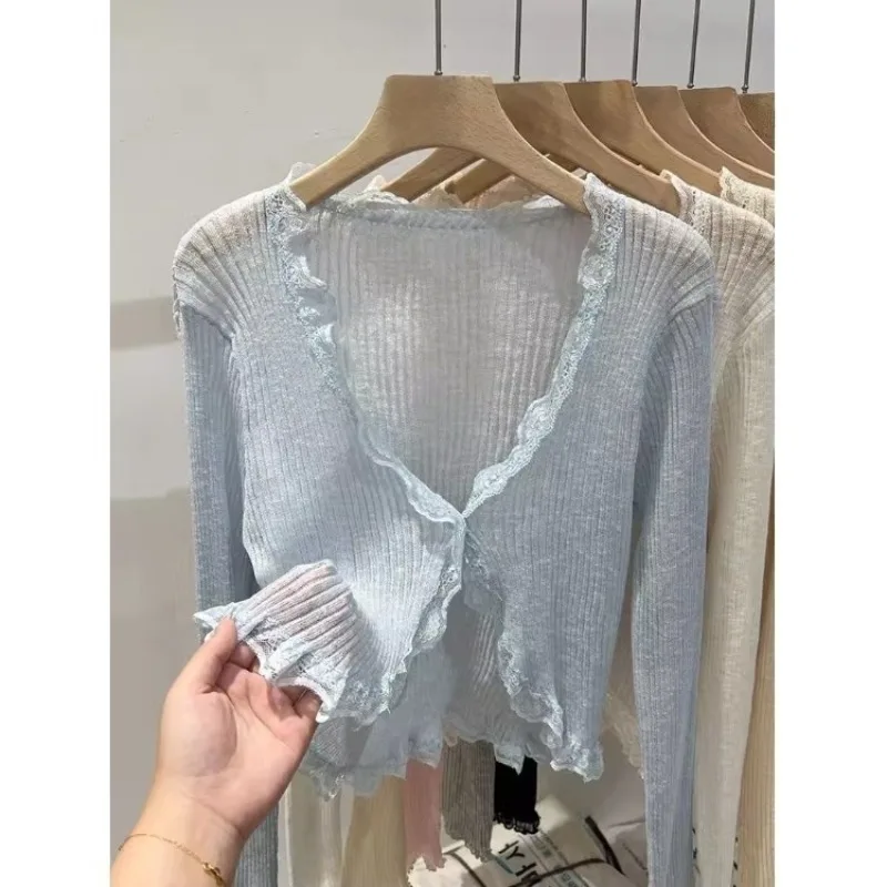 New Lace Trim One Button Long Sleeve Crop Top Women Short Sleeve Open Front Ribbed Knit Cardigan Sweater Summer Fairycore Outfit
New Lace Trim One Button Long Sleeve Crop Top Women Short Sleeve Open Front Ribbed Knit Cardigan Sweater Summer Fairycore Outfit