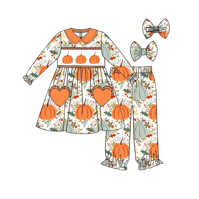 Hot selling latest design Thanksgiving pumpkin print children's clothing children's exclusive pajamas heart pocket pajama set
Hot selling latest design Thanksgiving pumpkin print children's clothing children's exclusive pajamas heart pocket pajama set