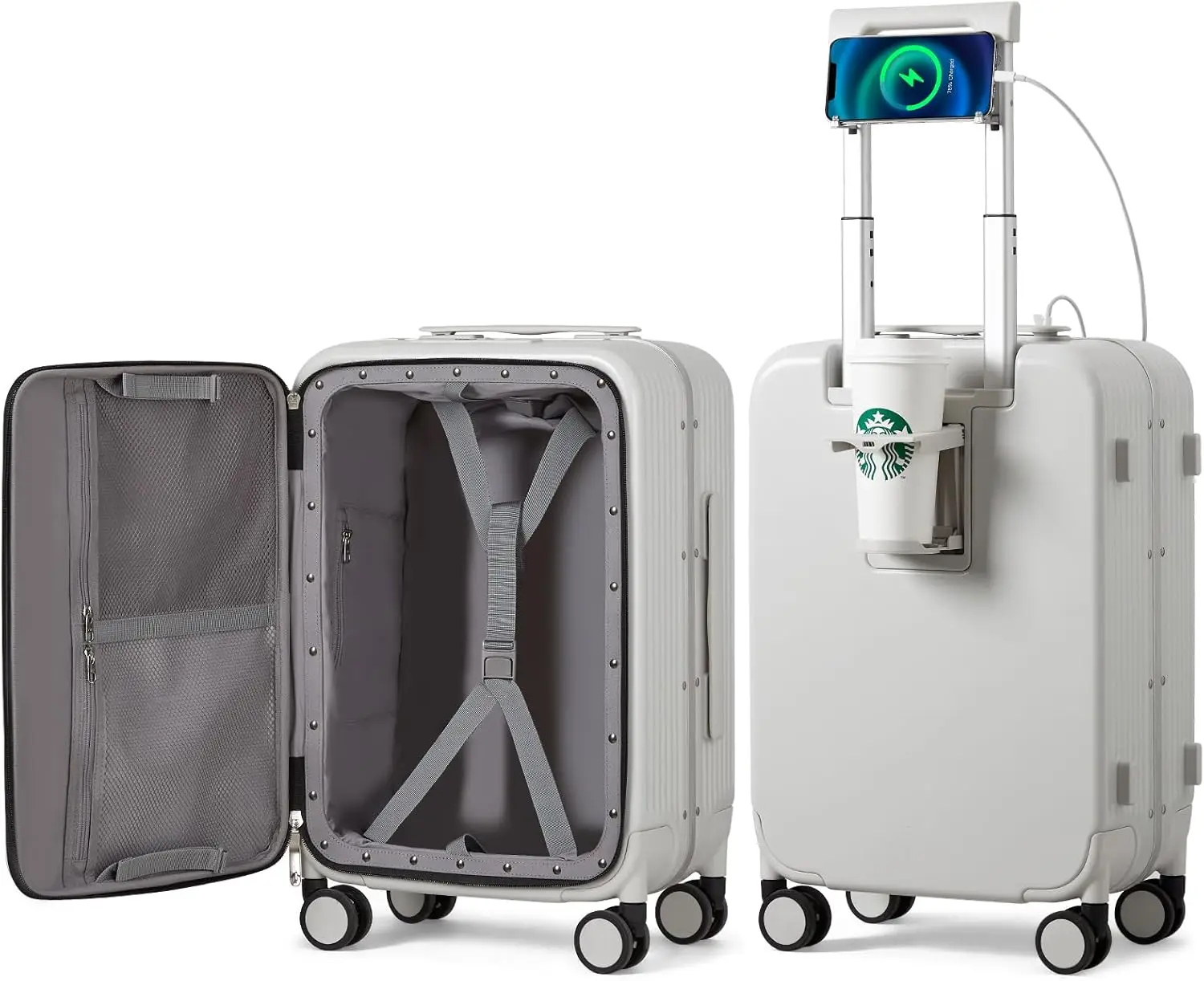 20" Carry On Luggage with Cup & Phone Holder, USB Charger, Hard Shell, Spinner Wheels, Smoke White
20" Carry On Luggage with Cup & Phone Holder, USB Charger, Hard Shell, Spinner Wheels, Smoke White