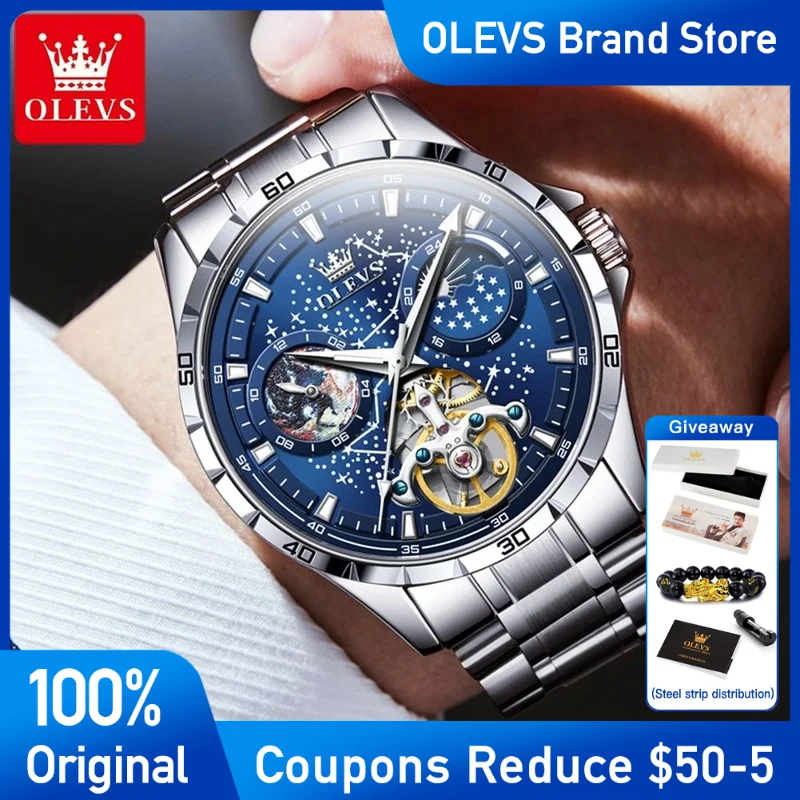OLEVS 6689 Mens Watch Top Brand Tourbillon Automatic Mechanical Watch Waterproof Moon Phase Stainless steel Reloj Starry Dial
OLEVS 6689 Mens Watch Top Brand Tourbillon Automatic Mechanical Watch Waterproof Moon Phase Stainless steel Reloj Starry Dial