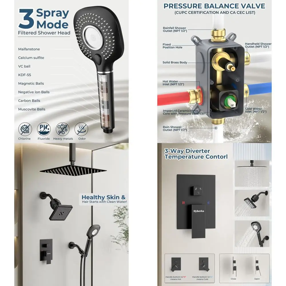 10 & 6 Inch Dual Shower System with Filtered Black Showerheads and 3-in-1 Handheld Spray
10 & 6 Inch Dual Shower System with Filtered Black Showerheads and 3-in-1 Handheld Spray