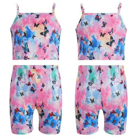 Survêtements deux pièces pour filles de 1 à 8 ans, tenues imprimées Tie-Dye, hauts + short de motard, ensemble pour entraînement décontracté, vêtements de sport, maillots de bain