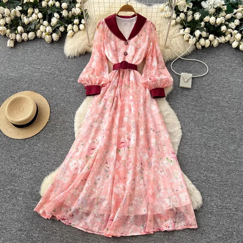 Spring Gorgeous Flower Holiday Chiffon Dress Women Beaded Collar Lantern Sleeve Print Belt Diamond Buttons Long Party Vestidos
Spring Gorgeous Flower Holiday Chiffon Dress Women Beaded Collar Lantern Sleeve Print Belt Diamond Buttons Long Party Vestidos