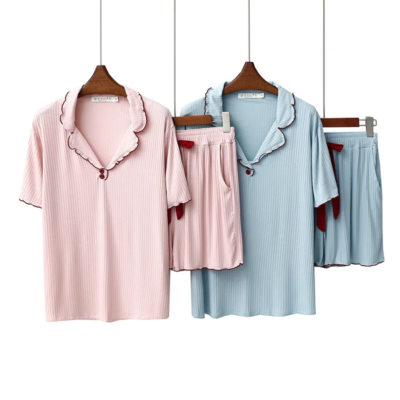New Women's Pajamas Pit Strip Modal Short-sleeved Lapel Cardigan Shorts Set Casual Home Clothes Korean Pyjamas Femme Sleepwear
New Women's Pajamas Pit Strip Modal Short-sleeved Lapel Cardigan Shorts Set Casual Home Clothes Korean Pyjamas Femme Sleepwear