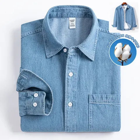 2025 Denim Long-Sleeve Double or Single  Pocket Design Shirt Classic 100% Cotton Fashion Embroider Comfortable Clothes