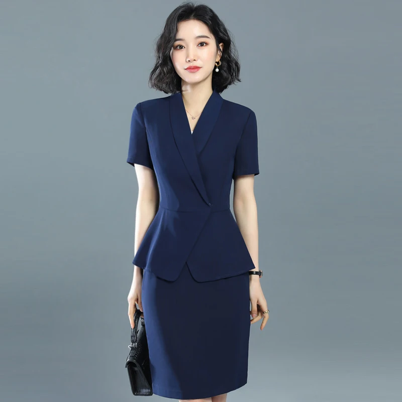 Summer Professional Short Sleeve Suit Set for Women High End Gold Shop Jewelry Store Work Uniform Skirt Set Polyester Fiber
Summer Professional Short Sleeve Suit Set for Women High End Gold Shop Jewelry Store Work Uniform Skirt Set Polyester Fiber