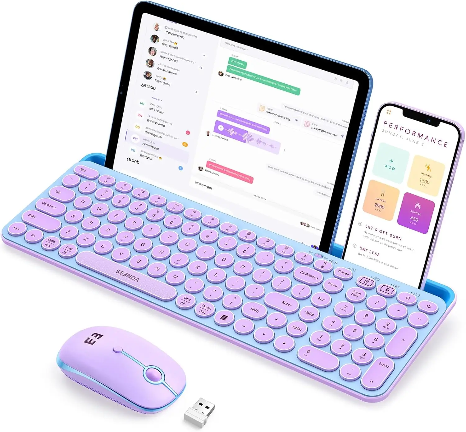 Wireless Keyboard and Mouse Combo with Tablet Holder for iPad/PC, Bluetooth+2.4G, Blue & Purple
Wireless Keyboard and Mouse Combo with Tablet Holder for iPad/PC, Bluetooth+2.4G, Blue & Purple