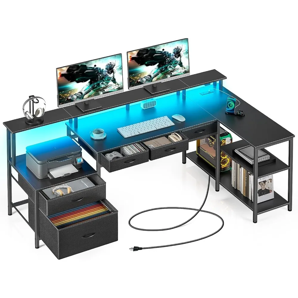 L Shaped Desk with File Drawers,64" Home Office Desk with Power Outlet & LED Lights, Reversible Gaming Desk with Printer Storage
L Shaped Desk with File Drawers,64" Home Office Desk with Power Outlet & LED Lights, Reversible Gaming Desk with Printer Storage