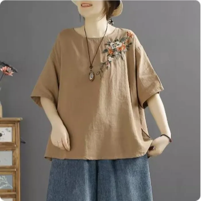 Slimming Effect Large Size Women's Cotton Linen Short Sleeve round Neck T-Shirt Embroidered Base Shirt Summer New Arrival
Slimming Effect Large Size Women's Cotton Linen Short Sleeve round Neck T-Shirt Embroidered Base Shirt Summer New Arrival