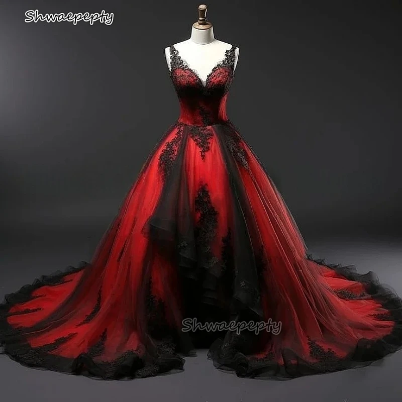 Red And Black Gothic Wedding Dress Lace Appliques V-neck Straps Vintage Bridal Gown Customized Long Tulle Vestido De Novia 2025
Red And Black Gothic Wedding Dress Lace Appliques V-neck Straps Vintage Bridal Gown Customized Long Tulle Vestido De Novia 2025