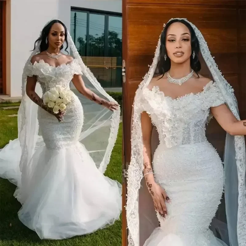 Customized Lace Mermaid Wedding Dresses Off Shoulder Illusion Sexy Pearl White Arabic Marriage Bridal Gowns
Customized Lace Mermaid Wedding Dresses Off Shoulder Illusion Sexy Pearl White Arabic Marriage Bridal Gowns