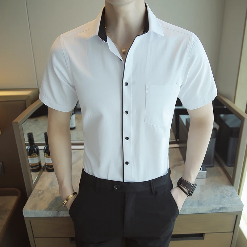 Korean Men's Casual Shirt Short Sleeves Summer Business Social Male Tops Luxury Black Edge Lapel Twill Soft Work Shirts
Korean Men's Casual Shirt Short Sleeves Summer Business Social Male Tops Luxury Black Edge Lapel Twill Soft Work Shirts
