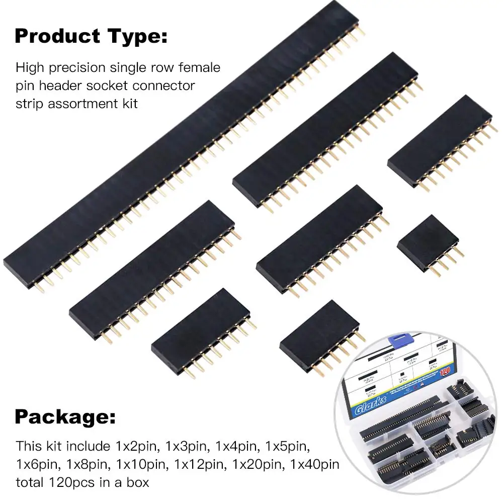 120PCS 2.54mm Aingle Row Female Pin Socket Connector PCB Board Combination Kit 8 Kinds.
120PCS 2.54mm Aingle Row Female Pin Socket Connector PCB Board Combination Kit 8 Kinds.