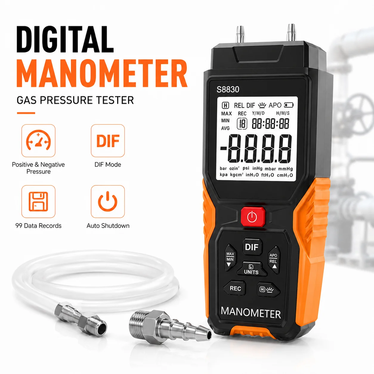Digital Dual Port Manometer HVAC Differential Pressure Gauge High Precision Pressure Tester 12 Units 99 Data Storage Backlight