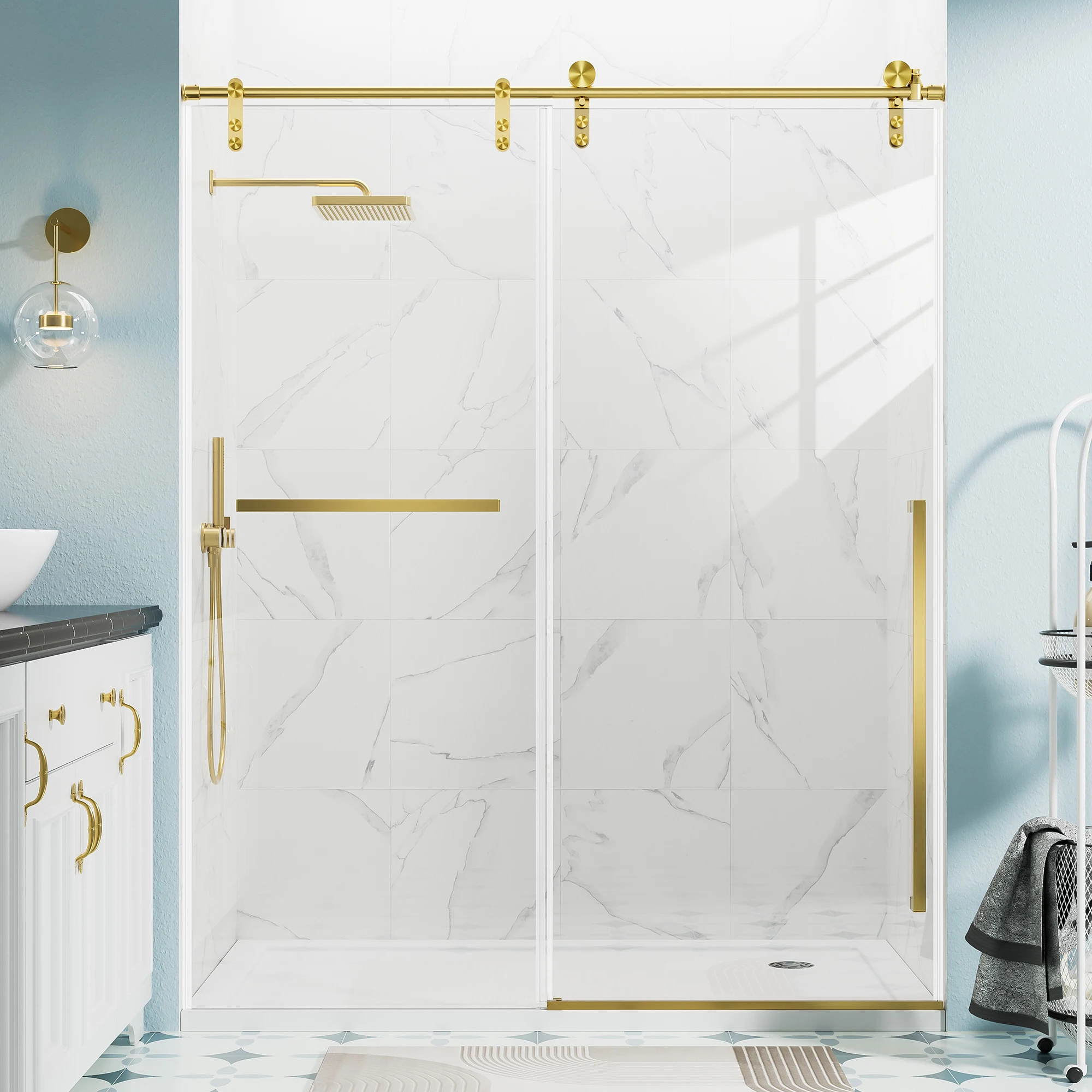 Adjustable 56~60"W×75"H Frameless Bypass Shower Enclosure, 4-Inch Flexible Cuttable Top Rail, Reversible Installation, 8mm ANSI Safety Glass with Nano Coating
Adjustable 56~60"W×75"H Frameless Bypass Shower Enclosure, 4-Inch Flexible Cuttable Top Rail, Reversible Installation, 8mm ANSI Safety Glass with Nano Coating