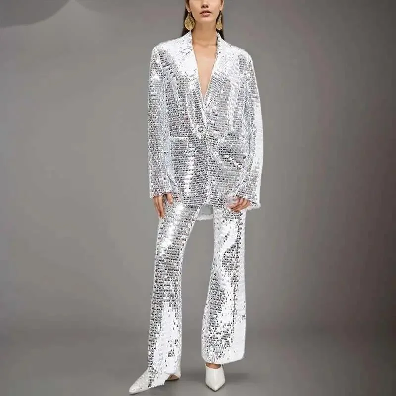 Fashion 2 Piece Set Women's Notched Collar Long Sleeve Single Button Silver Sequines Blazer Button Pants Suit New 7AHTC5
Fashion 2 Piece Set Women's Notched Collar Long Sleeve Single Button Silver Sequines Blazer Button Pants Suit New 7AHTC5