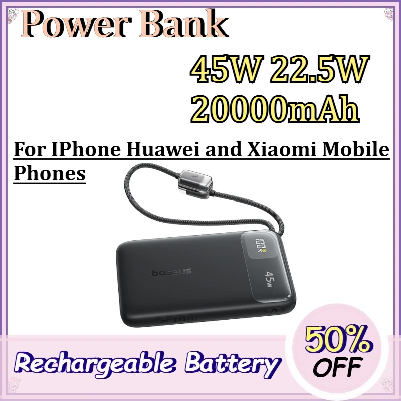 45W 22.5W 20000mAh Power Bank for IPhone Huawei and Xiaomi Mobile Phones Portable Power Bank with Built-in Cable
45W 22.5W 20000mAh Power Bank for IPhone Huawei and Xiaomi Mobile Phones Portable Power Bank with Built-in Cable