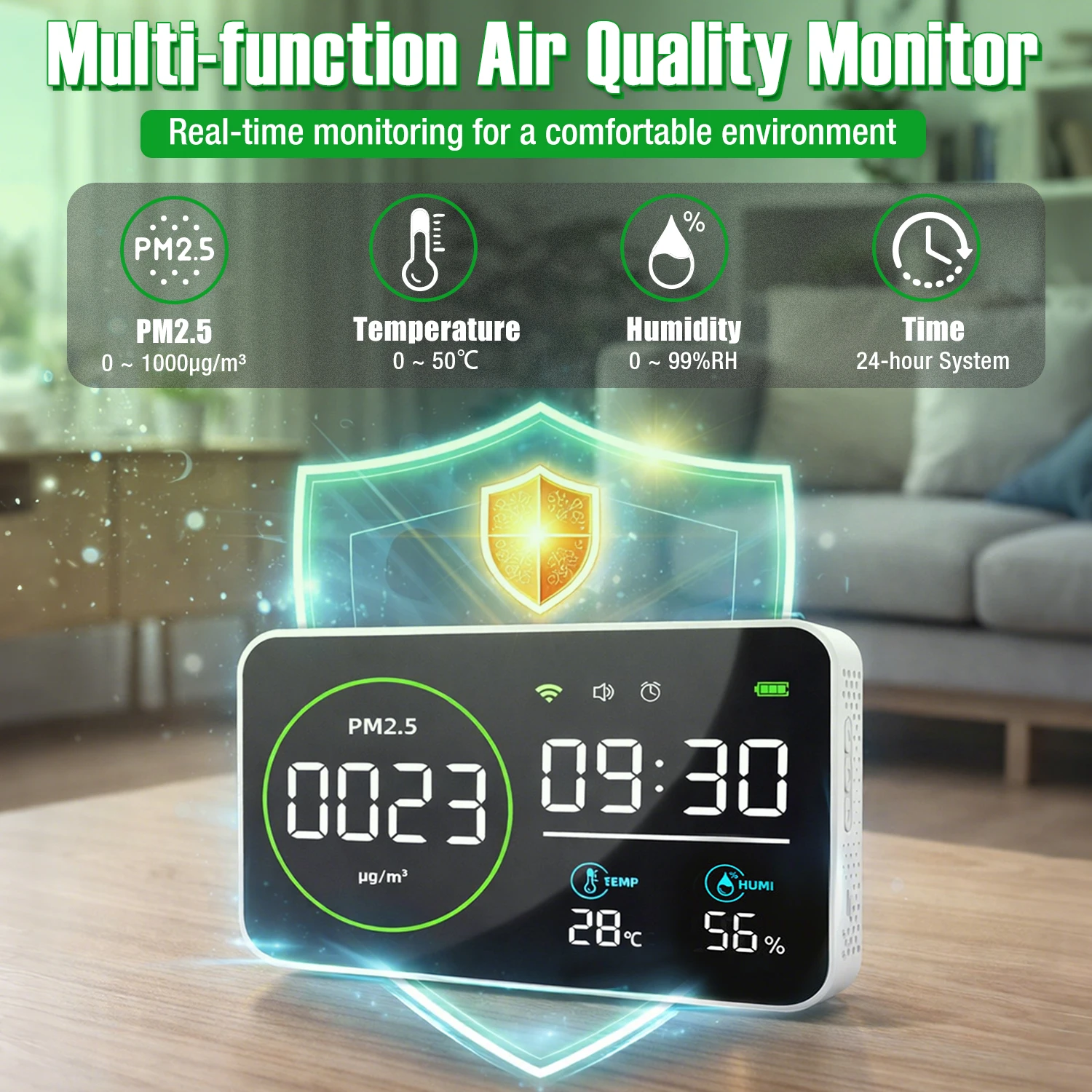 4-in-1 WiFi Large Air Quality Monitor-CO2 Detector with PM2.5, Temperature & Humidity, Time Display & Alarm, Indoor Air Monitor
4-in-1 WiFi Large Air Quality Monitor-CO2 Detector with PM2.5, Temperature & Humidity, Time Display & Alarm, Indoor Air Monitor