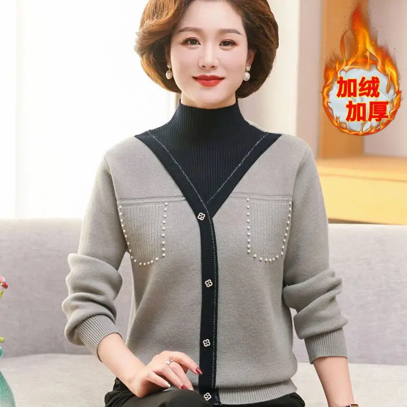 Высококачественный элегантный женский пуловер, свитер, осень-зима, бархатный теплый вязаный топ, утепленный свитер для мам среднего возраста, джемпер, полный
Высококачественный элегантный женский пуловер, свитер, осень-зима, бархатный теплый вязаный топ, утепленный свитер для мам среднего возраста, джемпер, полный