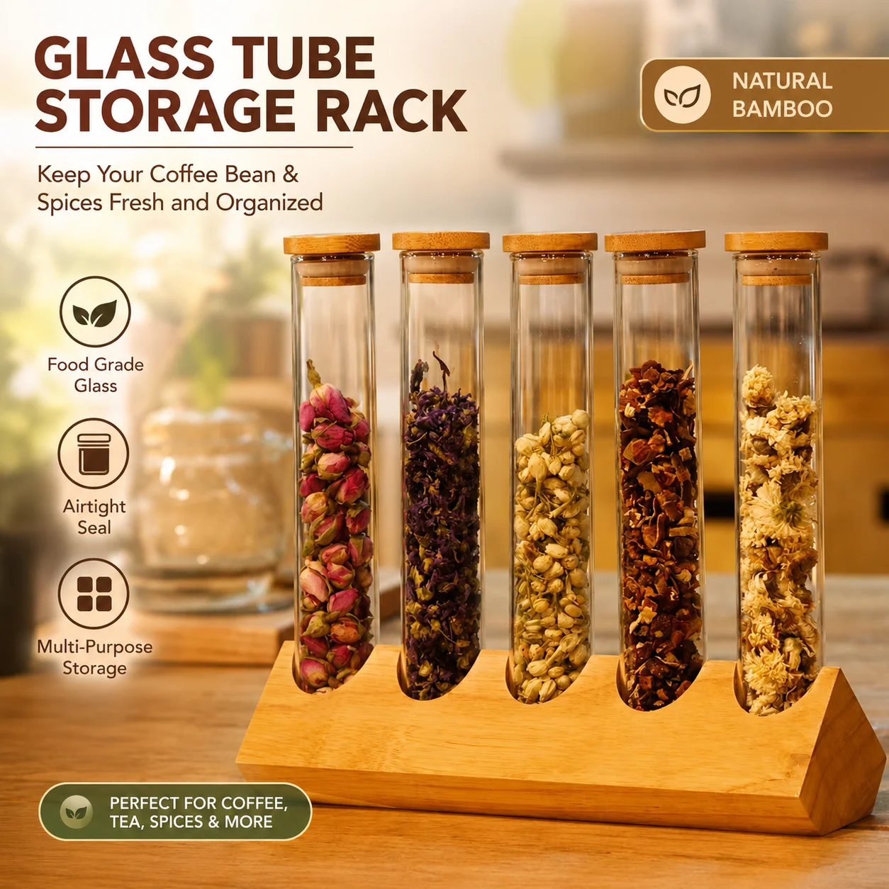 Wooden Glass Tube Storage Rack for Coffee Beans Tea Spices Herbs Airtight Bamboo Display Organizer Stand Kitchen Decor Jar Set
Wooden Glass Tube Storage Rack for Coffee Beans Tea Spices Herbs Airtight Bamboo Display Organizer Stand Kitchen Decor Jar Set
