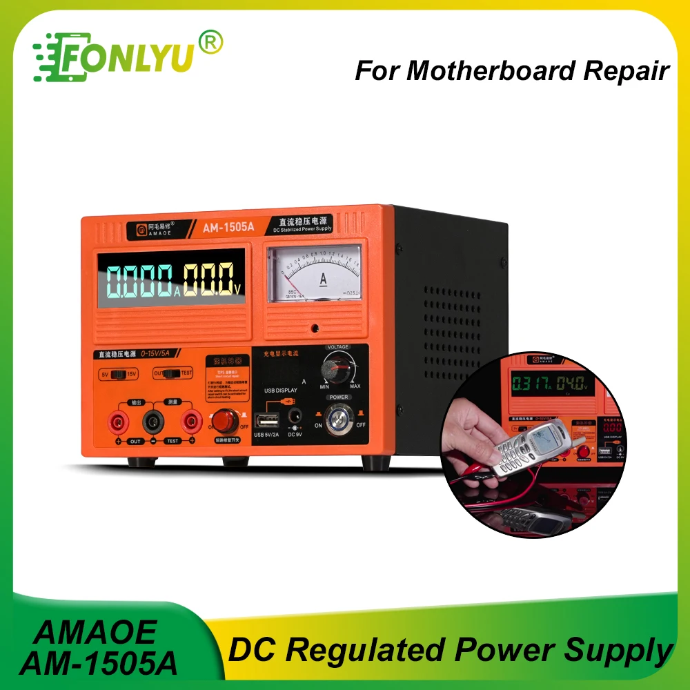 AMAOE15V DC Regulated Power Supply Built in 15V Short Killer 2A USB 9V Multimeter Power Supply Voltage Test Phone Repait Tools 
AMAOE15V DC Regulated Power Supply Built in 15V Short Killer 2A USB 9V Multimeter Power Supply Voltage Test Phone Repait Tools
