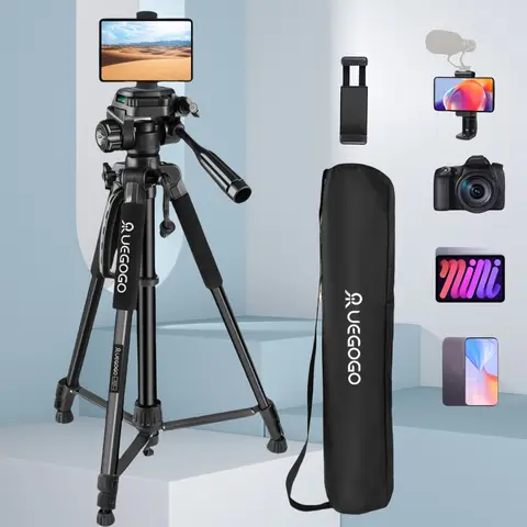 60 Inch Professional Camera Tripod Kit - 152cm Sturdy Portable Tripod Stand With Carry Bag, 1 Phone Holder & 1 T-phone Clip