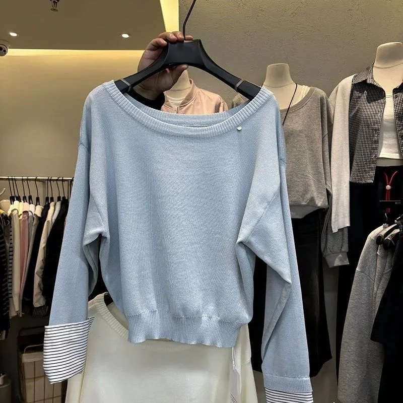 Two-piece Sweater Women in Spring and Autumn New Style Spliced Shirt Sleeve One-shoulder Slanted Neck Long-sleeved Top
Two-piece Sweater Women in Spring and Autumn New Style Spliced Shirt Sleeve One-shoulder Slanted Neck Long-sleeved Top