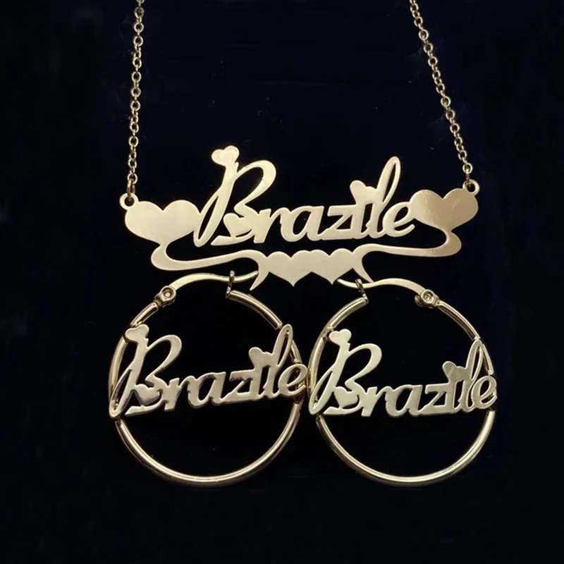 Customized Jewelry Sets 14K Gilded Nameplate With Heart Jewelry Set Stainless Steel Personalized Name Necklace and Hoop Earrings
Customized Jewelry Sets 14K Gilded Nameplate With Heart Jewelry Set Stainless Steel Personalized Name Necklace and Hoop Earrings