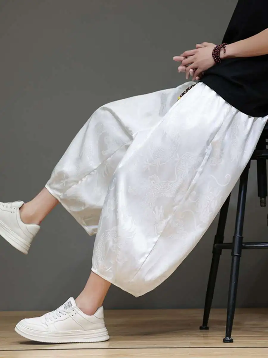 Summer Thin Ice Silk Loose Wide Leg Nine-Footers for Men Casual Beach Trousers mid Waist Drawstring Elastic Fleece Lined
Summer Thin Ice Silk Loose Wide Leg Nine-Footers for Men Casual Beach Trousers mid Waist Drawstring Elastic Fleece Lined