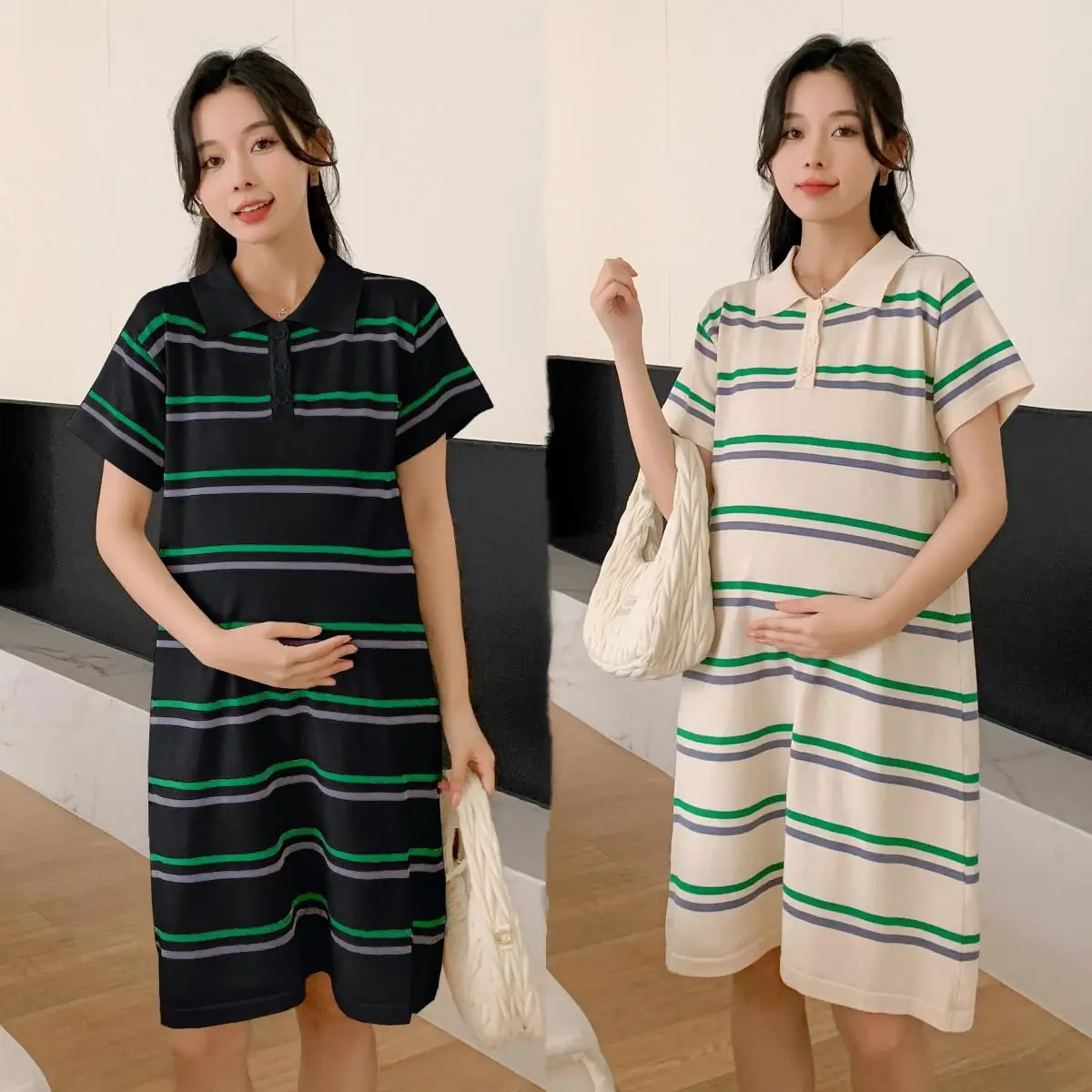 Pregnant Women's Summer Clothes Block Color Striped Ice Silk Dresses Loose Short Sleeved Maternity Mini Dress Shor Lady Dresses
Pregnant Women's Summer Clothes Block Color Striped Ice Silk Dresses Loose Short Sleeved Maternity Mini Dress Shor Lady Dresses