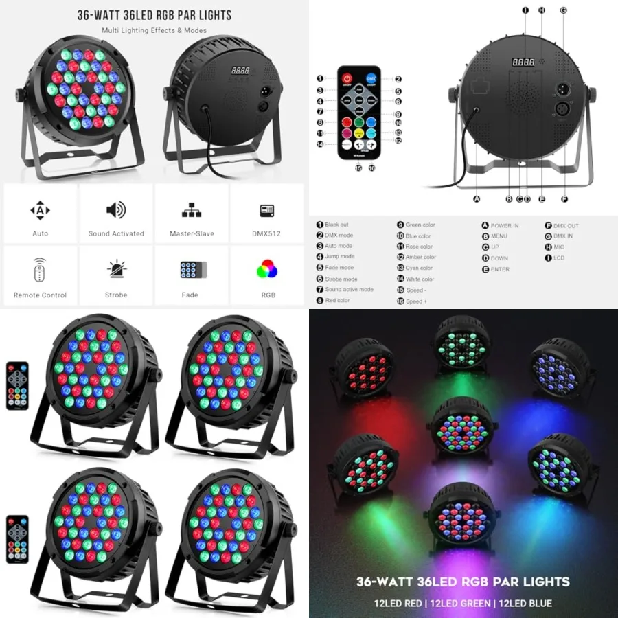 36LEDs RGB Stage Par Lights - 36W Sound Activated Multi Modes - Remote DMX Control - Corded Electric - Uplights for Events DJ M
36LEDs RGB Stage Par Lights - 36W Sound Activated Multi Modes - Remote DMX Control - Corded Electric - Uplights for Events DJ M