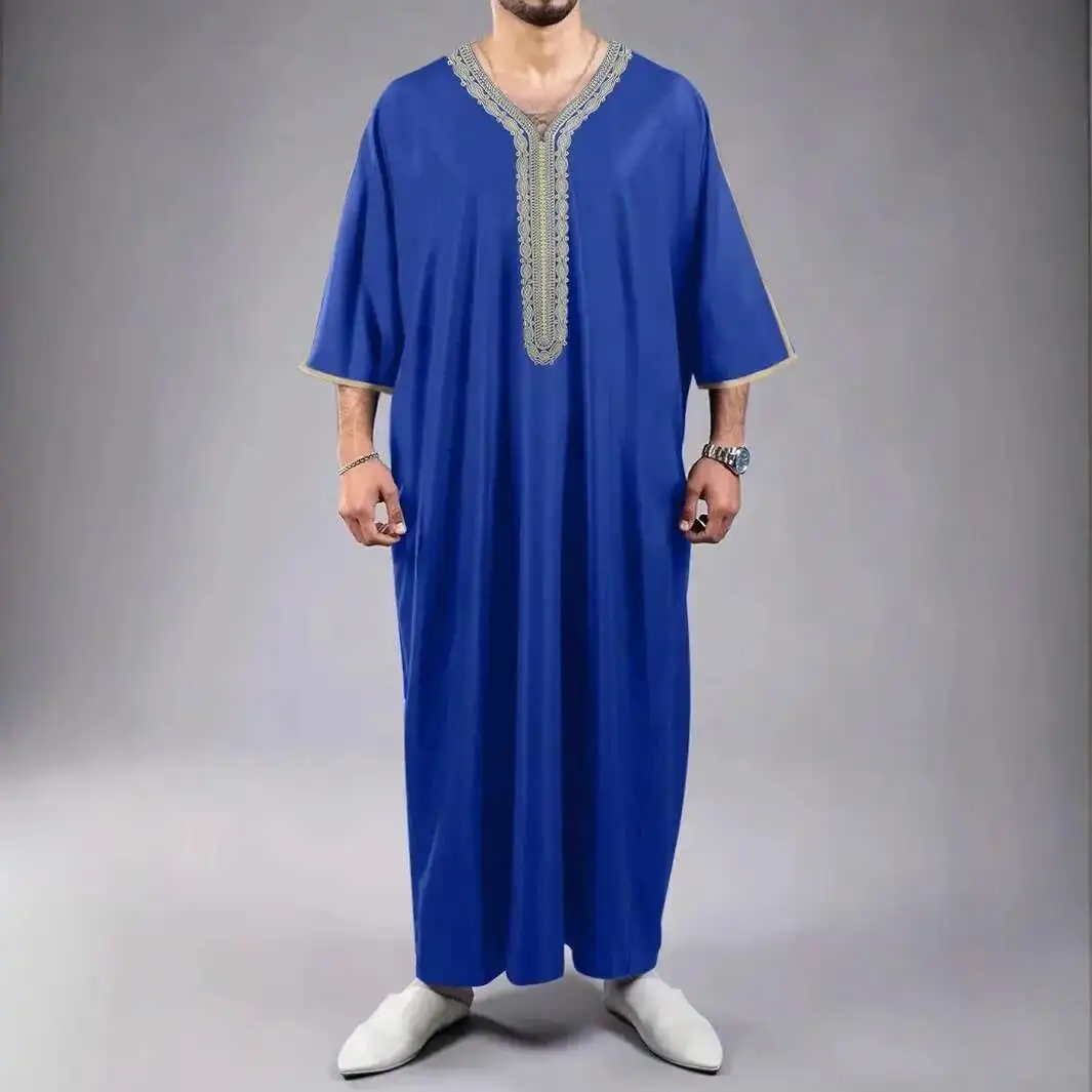 pocket New Arabic side robe with short sleeves embroidered navy blue men's Muslim robe
pocket New Arabic side robe with short sleeves embroidered navy blue men's Muslim robe