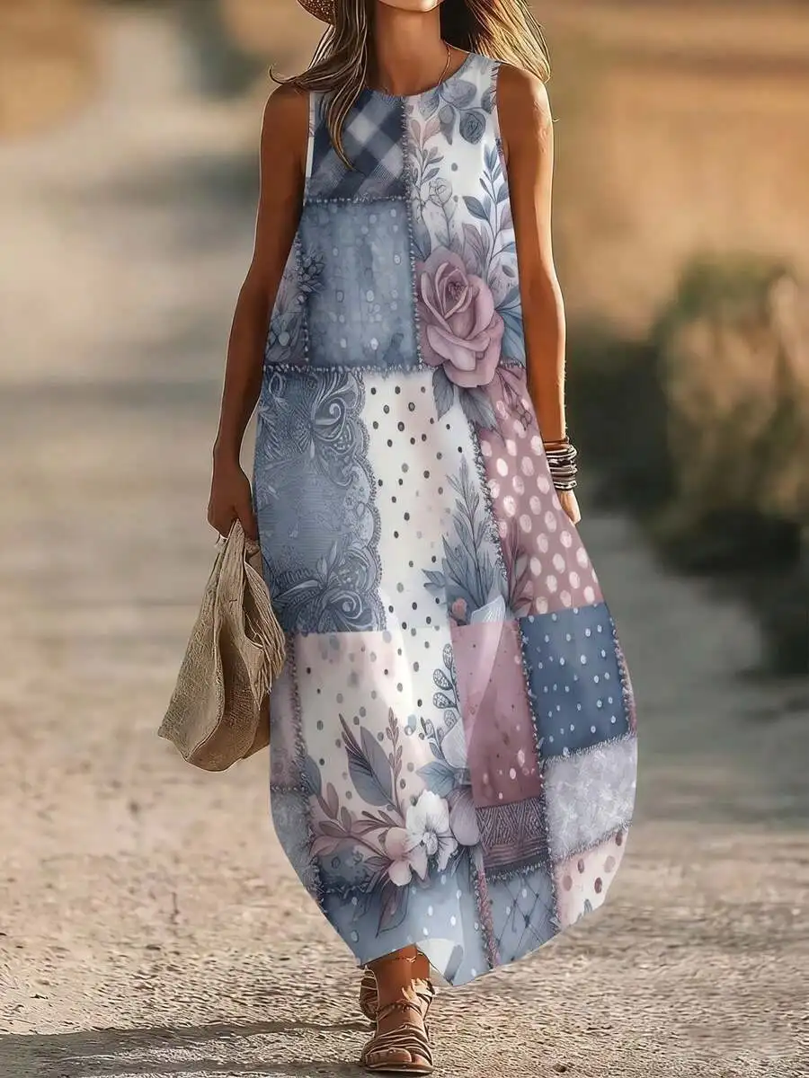 Floral Patchwork Sleeveless Round Neck Maxi Dress For Women Soft Comfortable Casual Summer Wear
Floral Patchwork Sleeveless Round Neck Maxi Dress For Women Soft Comfortable Casual Summer Wear