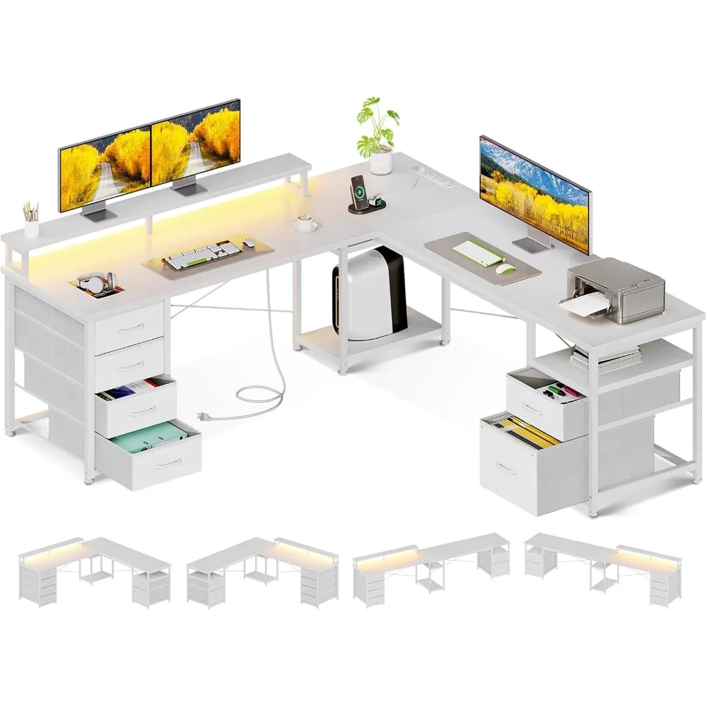 66" L Shaped Computer Desk, 113“ Reversible Home Office Desk with File Cabinet & 4 Fabric Drawers, Two Person Desk with LED Lig
66" L Shaped Computer Desk, 113“ Reversible Home Office Desk with File Cabinet & 4 Fabric Drawers, Two Person Desk with LED Lig