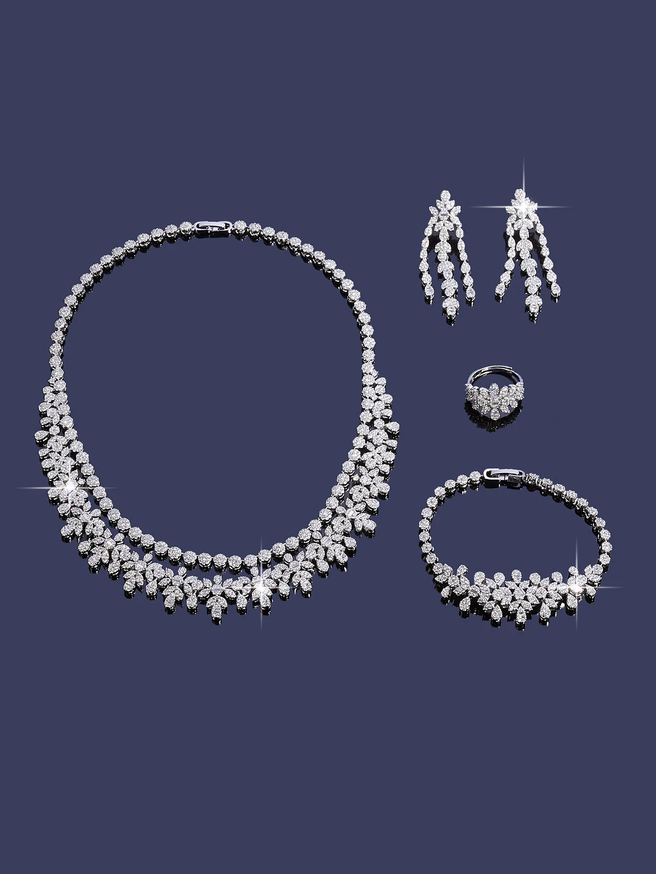 BEDAZZLED Elegant Style 4-piece Zirconia Necklace Earrings Bracelet Ring Women's Wedding Party Jewelry Set
BEDAZZLED Elegant Style 4-piece Zirconia Necklace Earrings Bracelet Ring Women's Wedding Party Jewelry Set