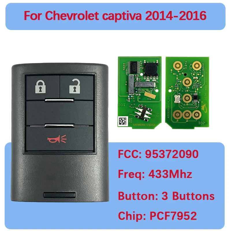 CN014062 Оригинальный смарт-брелок с 3 кнопками, пульт дистанционного управления 434 МГц PCF7952 FCC 95372090 для Chevrolet Captiva 2014-2016
CN014062 Оригинальный смарт-брелок с 3 кнопками, пульт дистанционного управления 434 МГц PCF7952 FCC 95372090 для Chevrolet Captiva 2014-2016