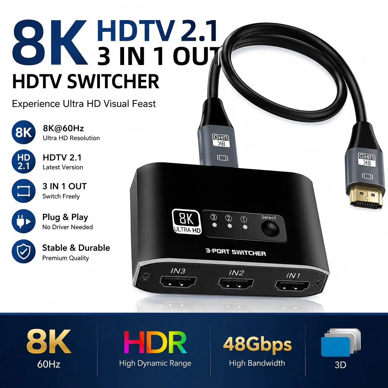 3 in 1 Out HDMI 2.1 Switch 4K 120Hz,Ultra HD, 8K Hdmi Selector Switcher for Game Consoles
3 in 1 Out HDMI 2.1 Switch 4K 120Hz,Ultra HD, 8K Hdmi Selector Switcher for Game Consoles
