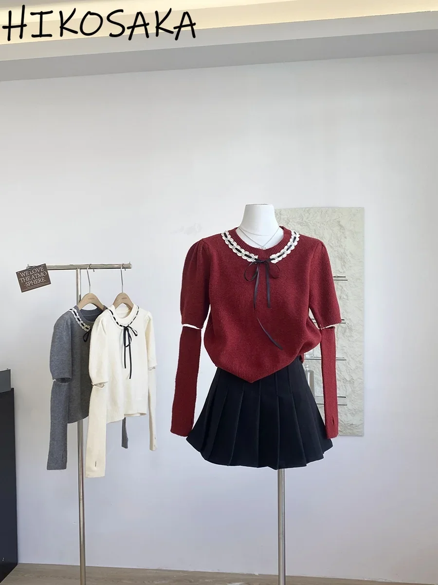 Korean Chic Sweet Bow Lace-up Knit Pull Femme O-neck Splice Sleeve Red Sweaters Aesthetic Elegant All-match Sueter Mujer
Korean Chic Sweet Bow Lace-up Knit Pull Femme O-neck Splice Sleeve Red Sweaters Aesthetic Elegant All-match Sueter Mujer