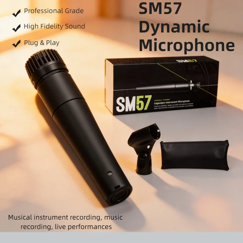 Высококачественный динамический микрофон SM 57 с кардиоидной диаграммой направленности для записи бас-барабанов, малых барабанов, гитар и других инструментов.
Высококачественный динамический микрофон SM 57 с кардиоидной диаграммой направленности для записи бас-барабанов, малых барабанов, гитар и других инструментов.