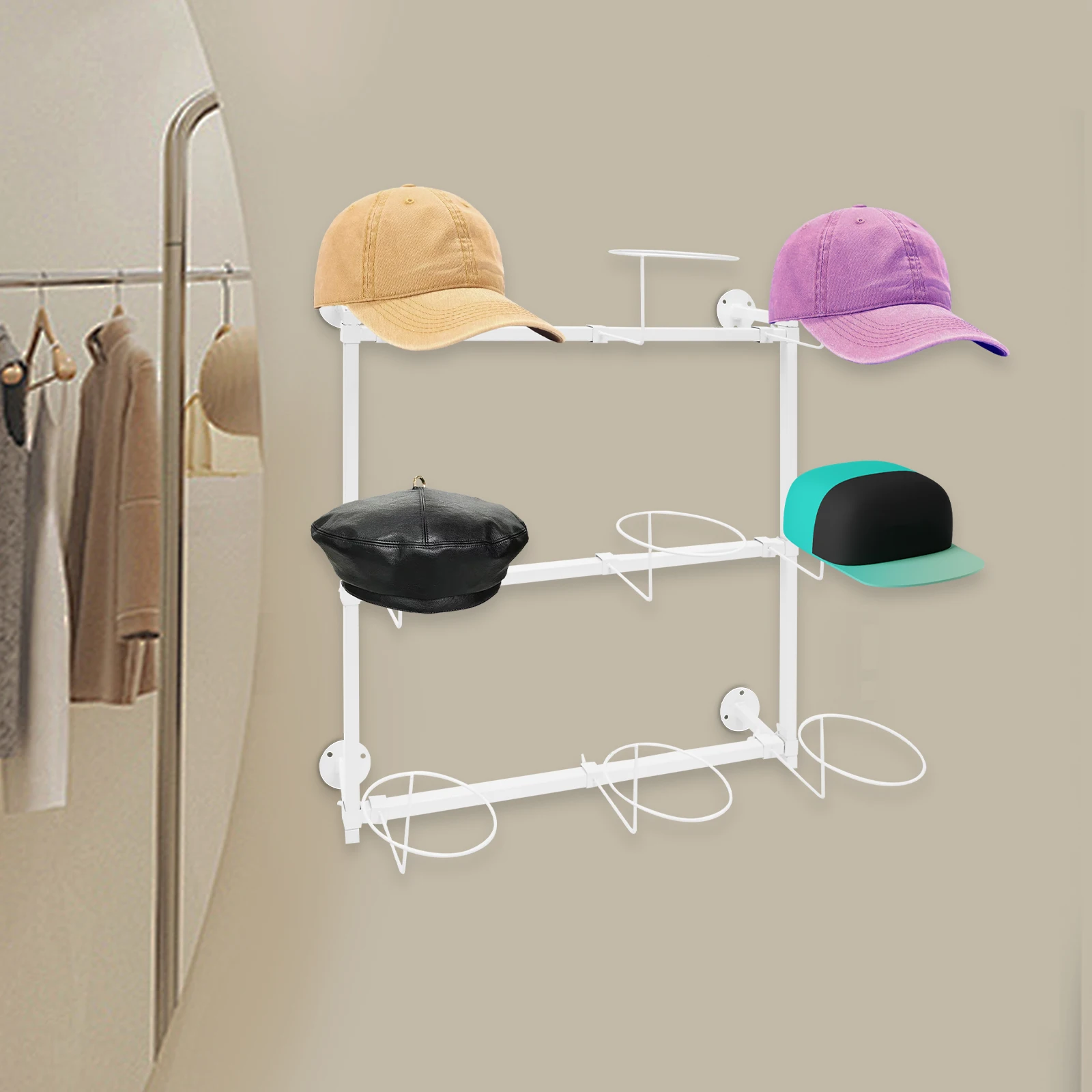 3-Tier Multifunctional Space Saving Hat Storage Hanger Wall-Mounted Hat Display Rack Assembly
3-Tier Multifunctional Space Saving Hat Storage Hanger Wall-Mounted Hat Display Rack Assembly