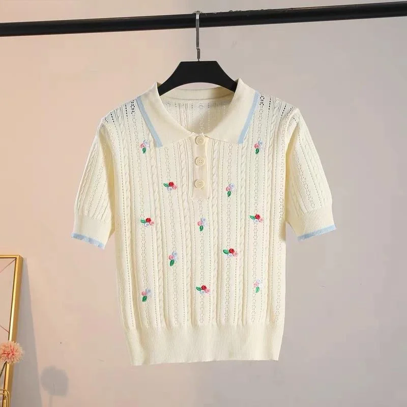 2025 Summer Knitted Sweater Tees For Women Flower Embroidery Ice Silk Hollow T-shirts Tops Short Sleeve Elegant Fashion Jumpers
2025 Summer Knitted Sweater Tees For Women Flower Embroidery Ice Silk Hollow T-shirts Tops Short Sleeve Elegant Fashion Jumpers