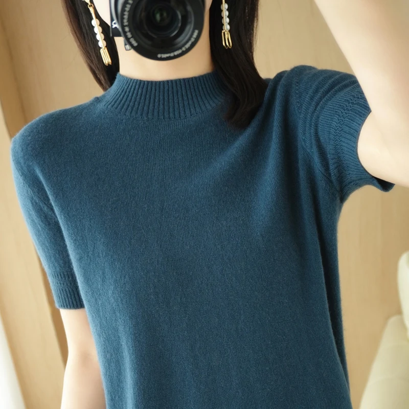 Women's Half-High Collar Short Sleeve Knitted T-Shirt Thin Non Cashmere Base Layer Shirt Autumn New Style Casual Loose Fit
Women's Half-High Collar Short Sleeve Knitted T-Shirt Thin Non Cashmere Base Layer Shirt Autumn New Style Casual Loose Fit