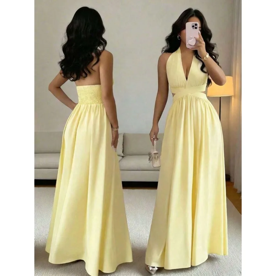【New Arrival】Yellow Halter Neck Maxi Dress, Deep V Cutout Waist Smocked Back Flowy Evening Gown for Women
【New Arrival】Yellow Halter Neck Maxi Dress, Deep V Cutout Waist Smocked Back Flowy Evening Gown for Women