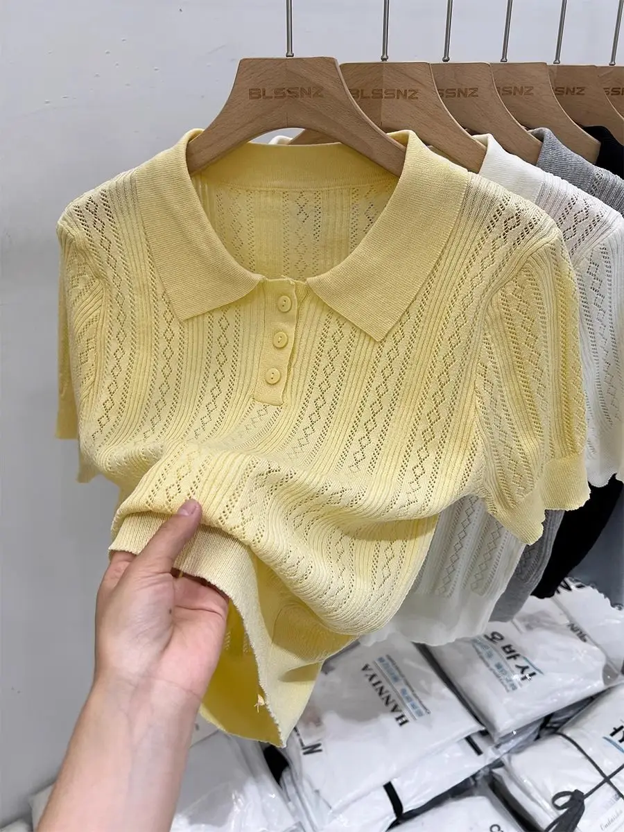 Design Sense Hollow Collar Short Sleeved Knitted Top For Women 2025 New Summer Solid Color Half Sleeved T-shirt
Design Sense Hollow Collar Short Sleeved Knitted Top For Women 2025 New Summer Solid Color Half Sleeved T-shirt